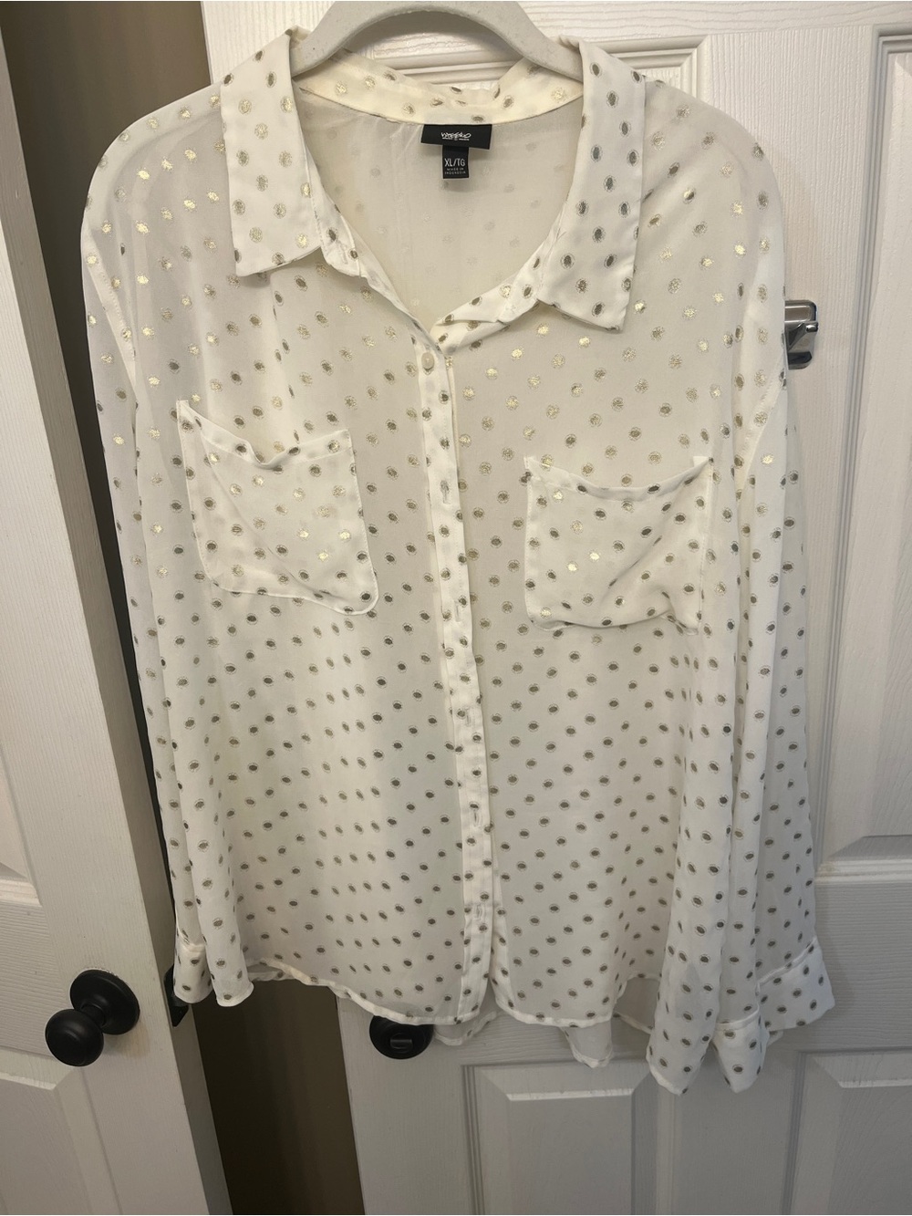 Mossimo White Sheer Button-Up Blouse with Gold Polka Dots size XL